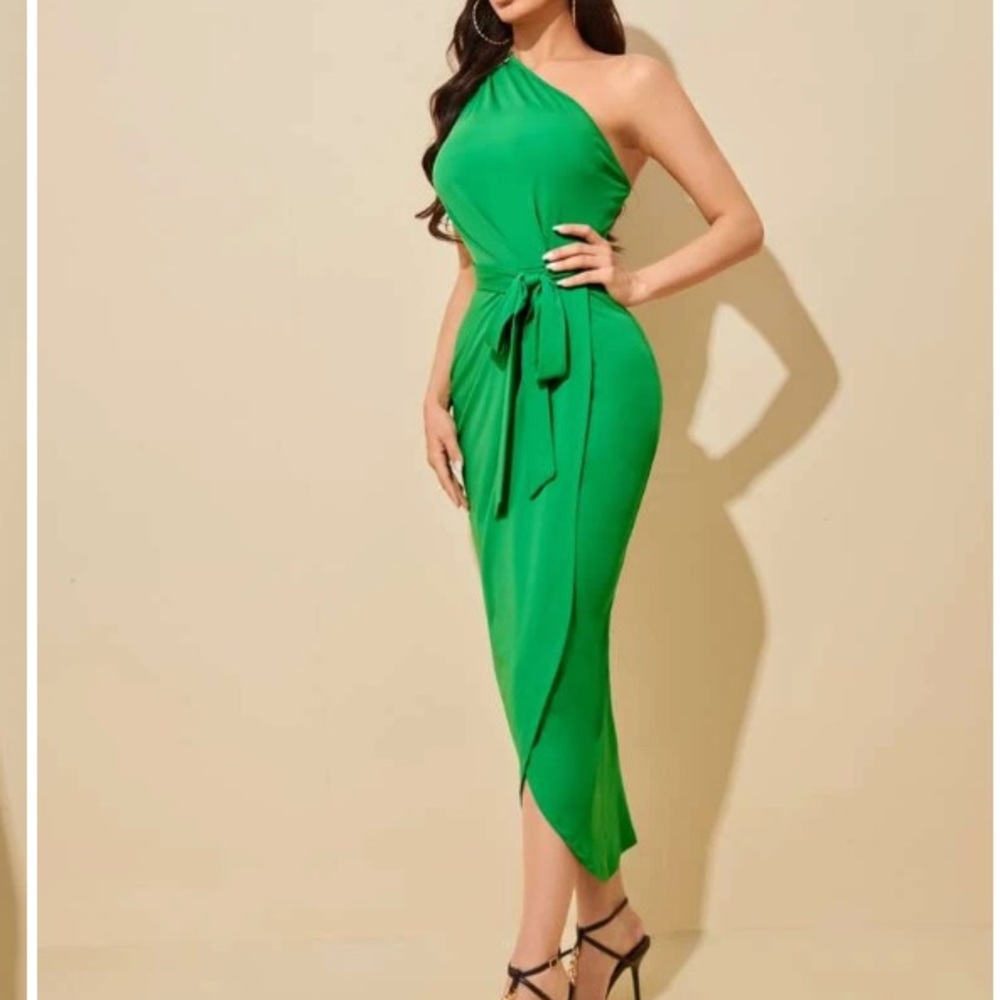 One Shoulder Tulip Hem Belted Dress